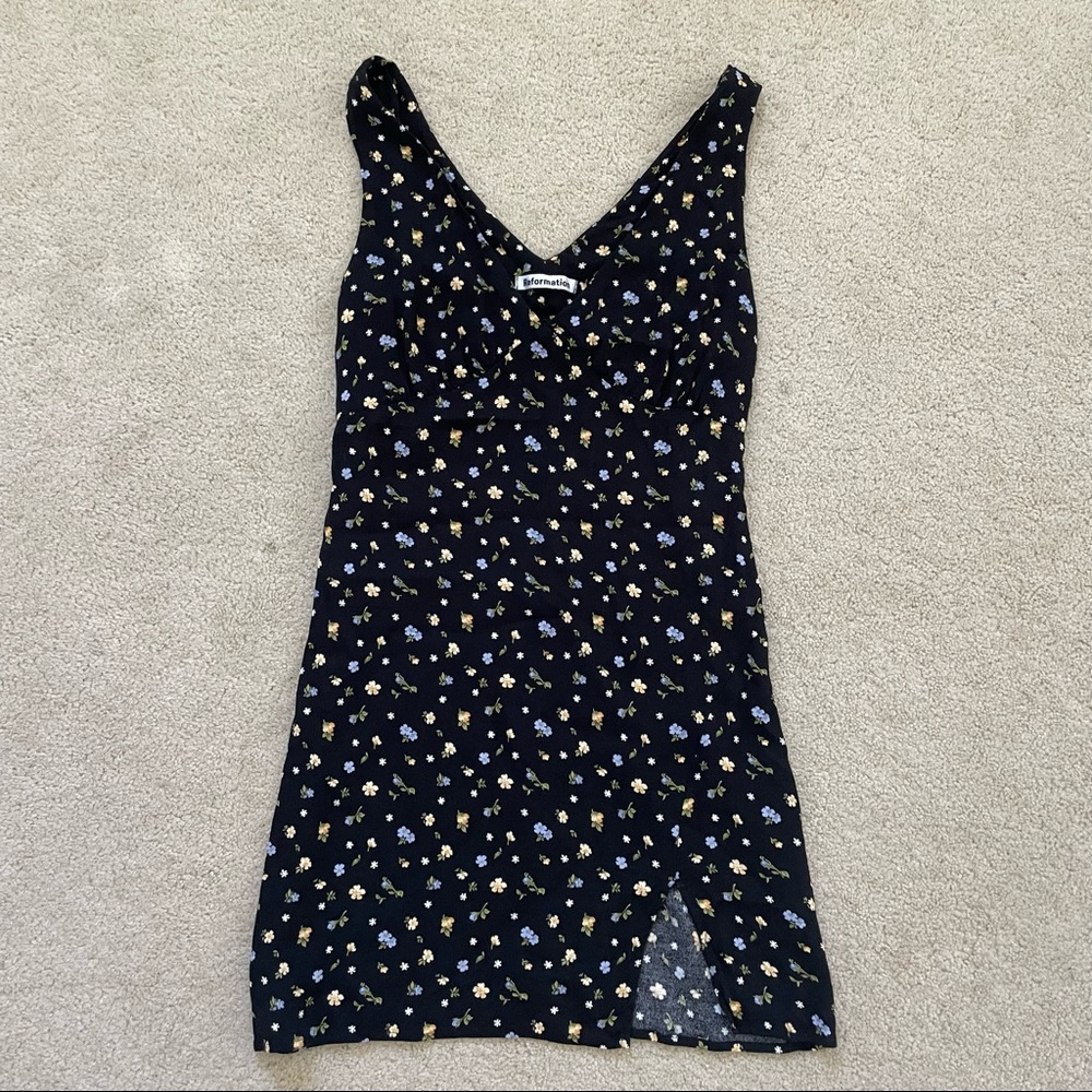 Reformation Black Mini Dress with Blue and Yellow Floral Print
